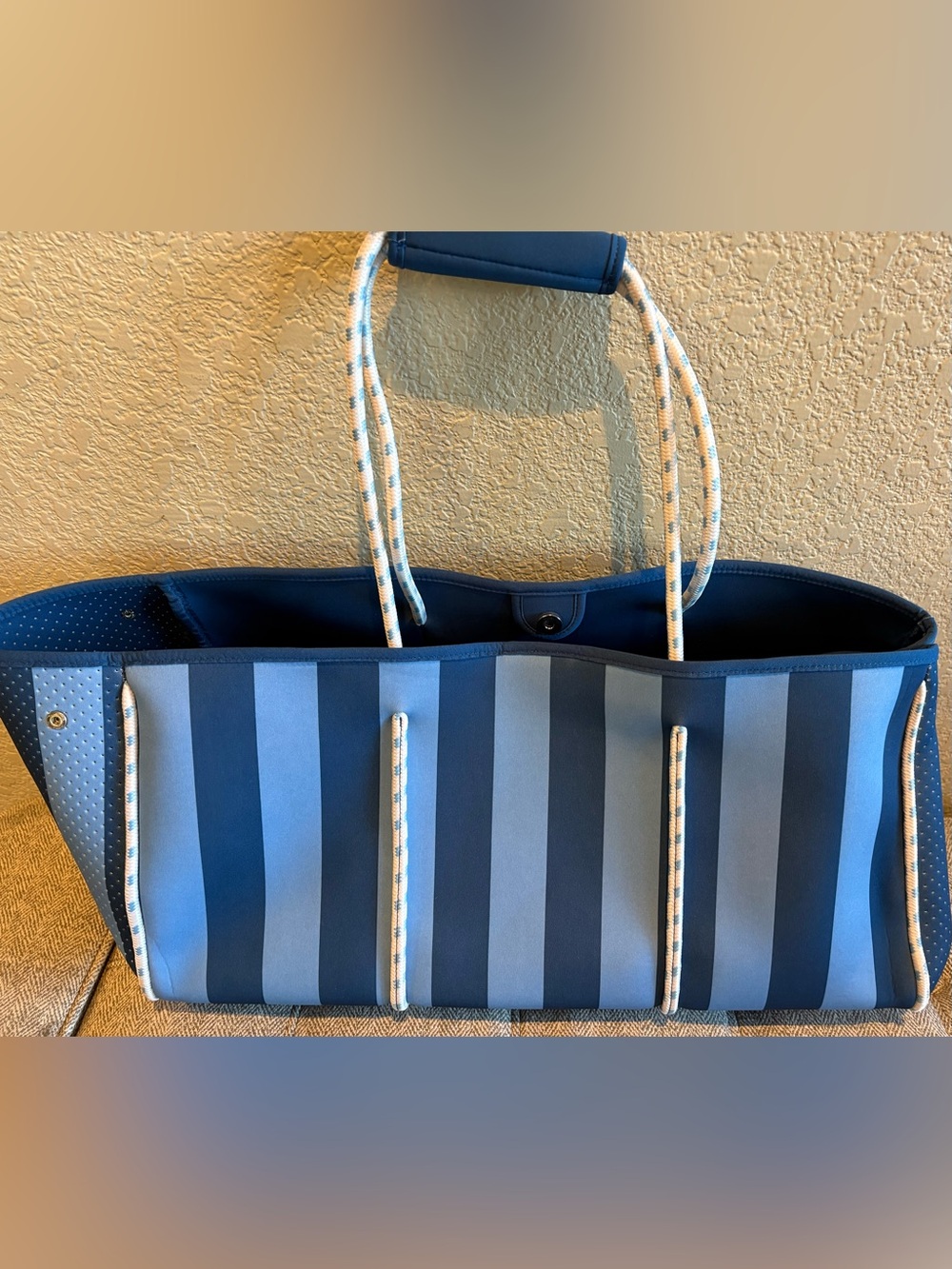 New Striped Blue Neoprene Tote Bag with Rope Handles